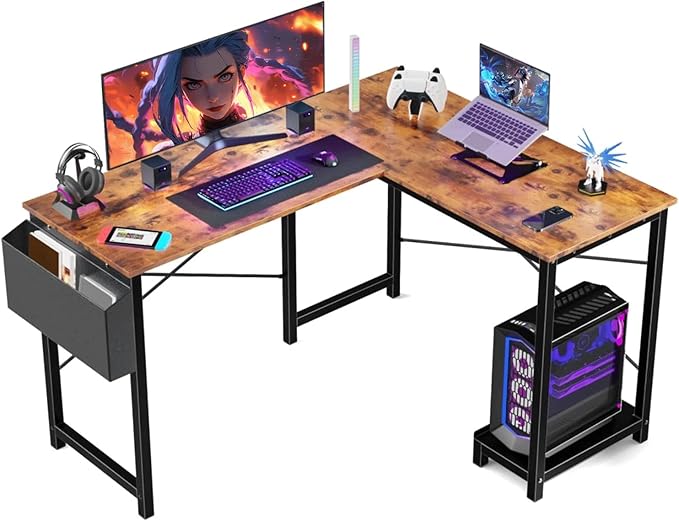 PC Desk for Gaming and Work - 50 Inch Writing Space-Saving Corner Table with CPU Storage Shelf, Side Bag, Home, Office, White