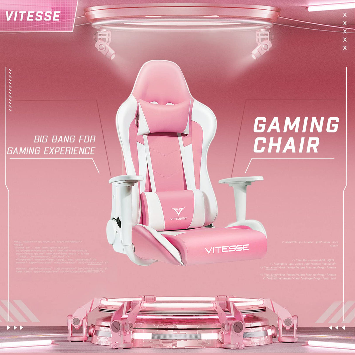 Pink Gaming Chair with Lumbar Support and Headrest
