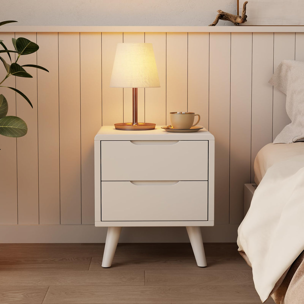 Wood Nightstand with Drawers, Mid-Century Modern Nightstand