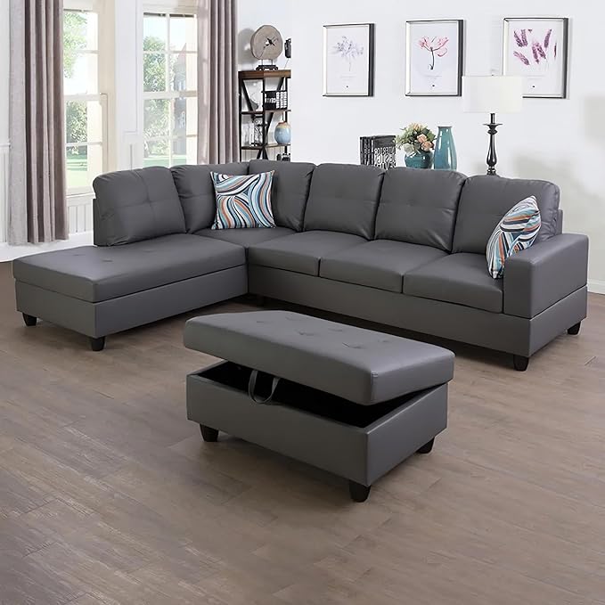 Sectional Set L Shape Couch, Faux Leather 5-seat Sofa