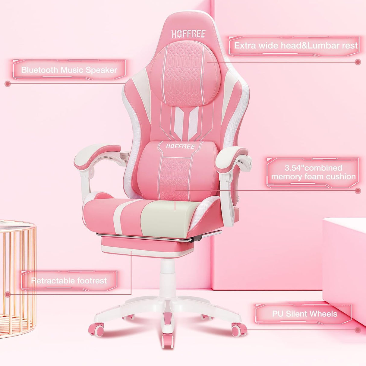 Gaming Chair with Bluetooth Speakers and Massage - Reclining High Back Desk Chair with Footrest, 400lbs Capacity