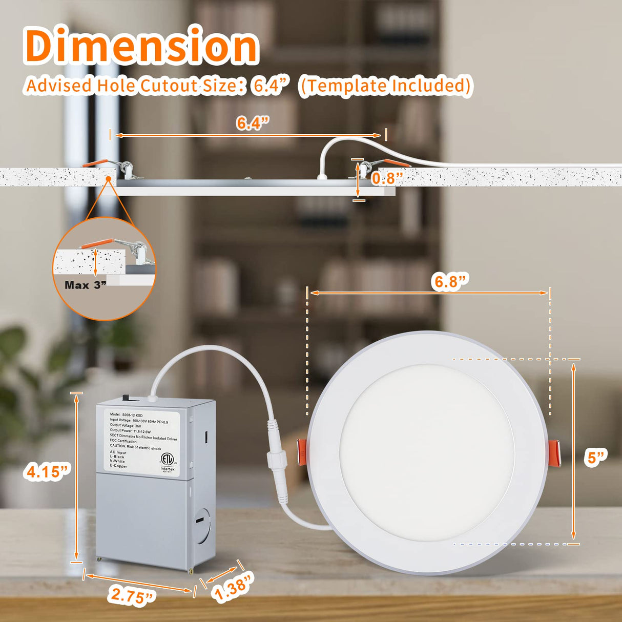 Brightever 12 Packs LED Recessed Ceiling Lights with Night Light, 6 Inch 5CCT Ultra-Thin Recessed Lighting 2700K/3000K/3500K/4000K/5000K Selectable, 12W=110W, 1100LM, Dimmable Canless Wafer Downlight