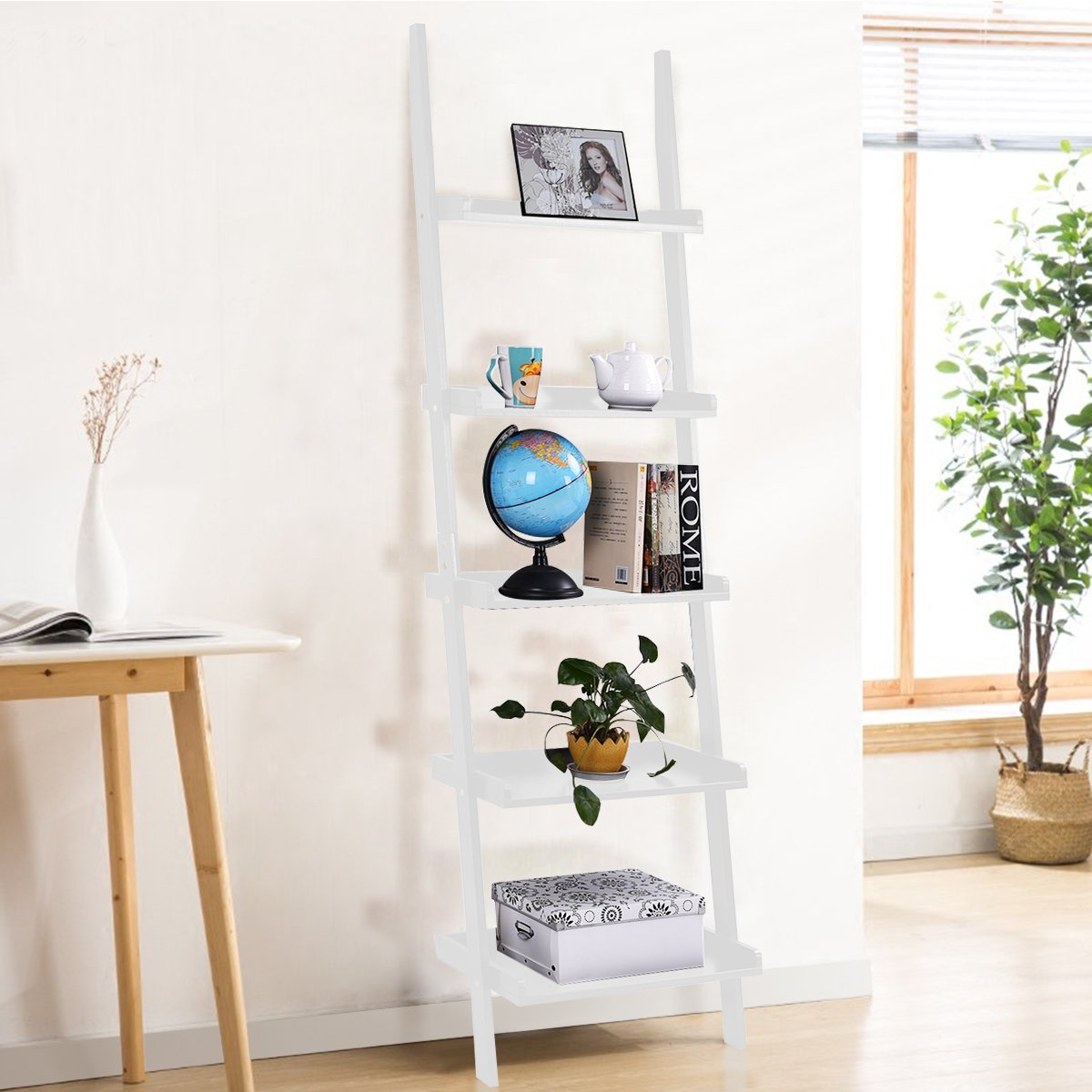 FANTASK White Ladder Shelf, Elegant 5-Tier Leaning Bookshelf, Wood Plant Flower Stand, Stable Storage Rack Shelves for Living Room, Office, Kitchen, Home