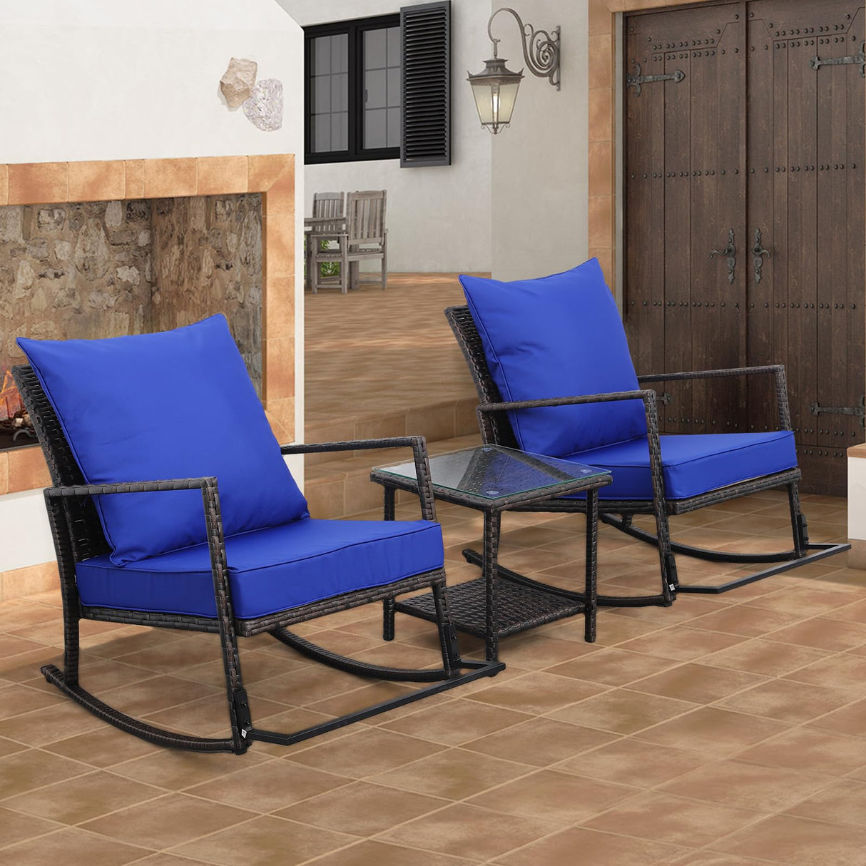3 Piece Outdoor Furniture with Rocking Chairs Patio Wickea Includes NonSlip Cushions