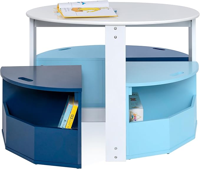 Toddler Table and Chair Set – Round Kids Activity Table with 4 Storage Stools, Nesting Design for Toddlers