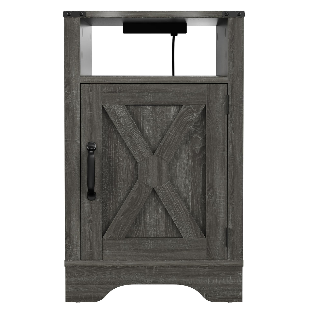 Farmhouse Nightstand Side Table with Charging Station & Storage, Dark Gray Wood