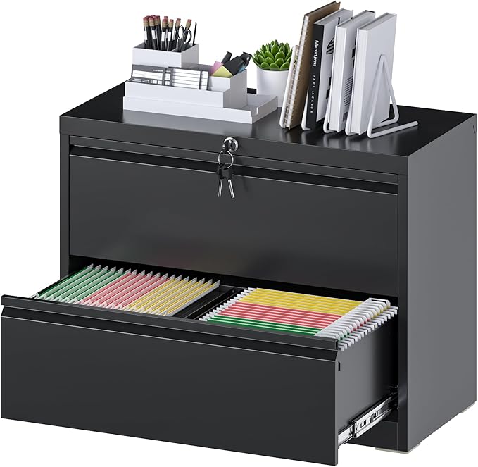 2 Drawer Lateral File Cabinet,Metal Filing Cabinet with Lock, Cabinet for Home Office School Hanging Files Letter/Legal/F4/A4 Size, Assembly Required, Black
