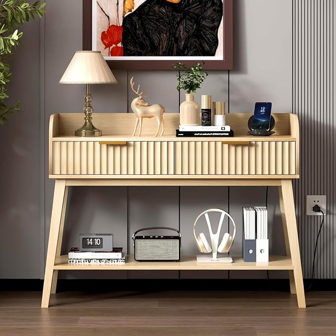 Narrow Console Table Entryway Sofa Table with 3 Drawers Fluted Console Table