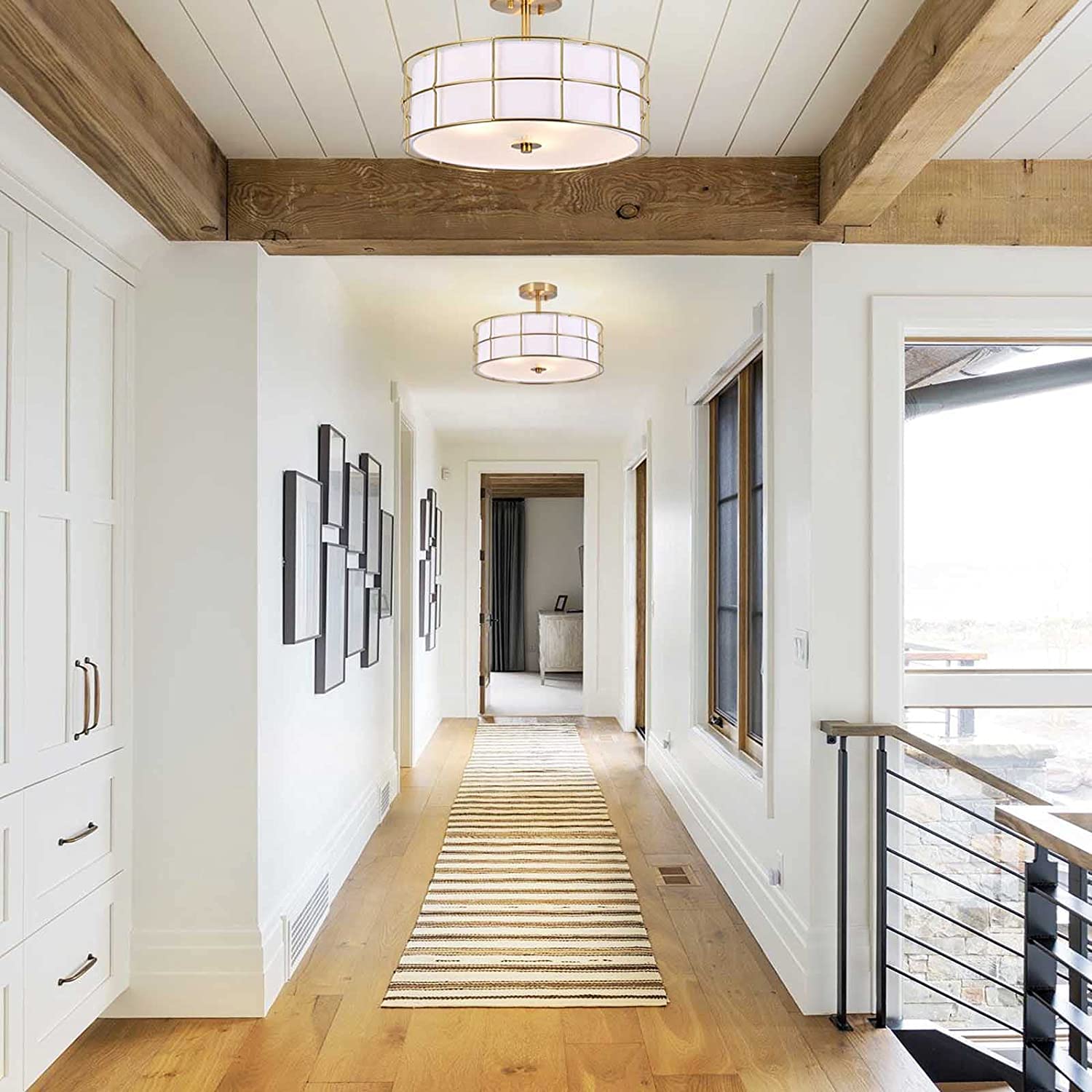 16" Semi Flush Mount Ceiling Light Fixture, 3-Light Golden Metal Mesh Drum Ceiling Light