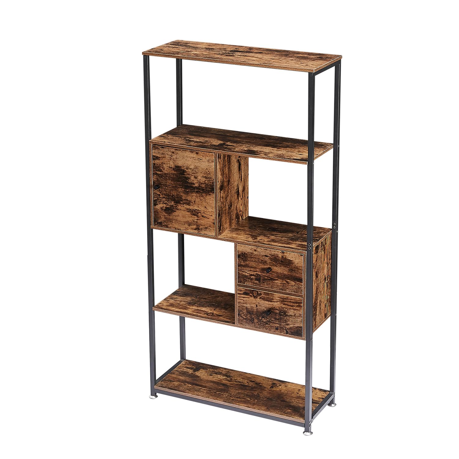 Bookshelf,4-Tier Book Shelves with 2 Storage Drawers and 1 Cabinet, Metal Frame Open BookcaseStanding Shelf Unit for Living Room, Home Office