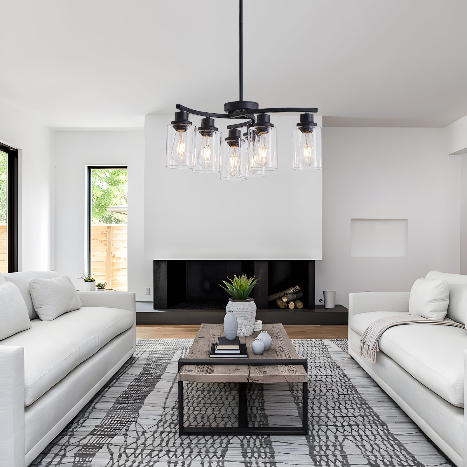 OTeedo 6-Light Modern Farmhouse Black Chandeliers for Dining Room,Kitchen Black Chandeliers Over Table,Adjustable Height Hanging Whirlwind Pendant Lights,Clear Glass Shade Ceiling Light Fixture