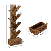Rolanstar Bookshelf with Wooden Drawer, 7 Shelf Tree Bookshelf, Modern Book Storage, Free Standing Tree Bookcase, Utility Organizer Shelves for Home Office, Living Room, Bedroom, Rustic Brown