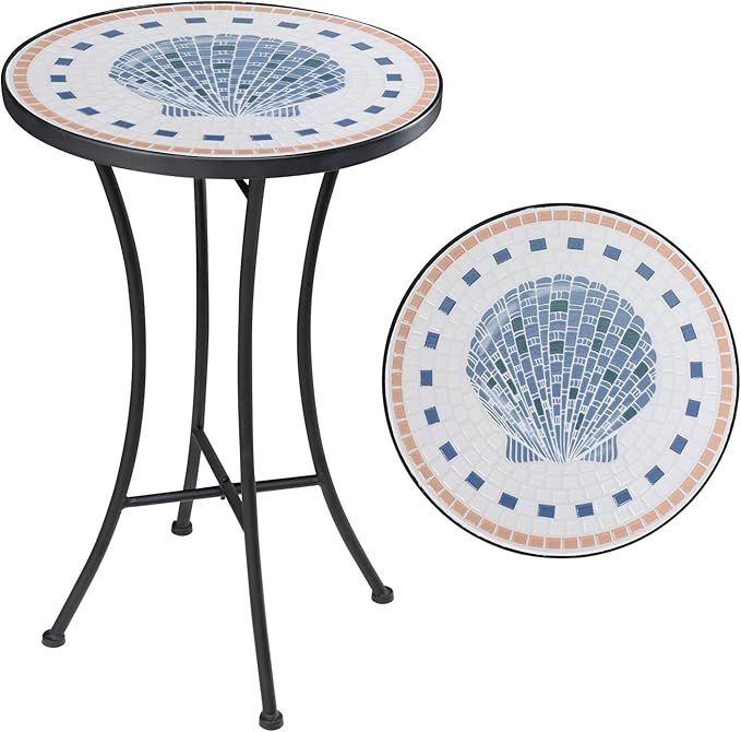 Mosaic Outdoor Side Table, 14" Round Folding Plant Stand for Patio Garden Backyard