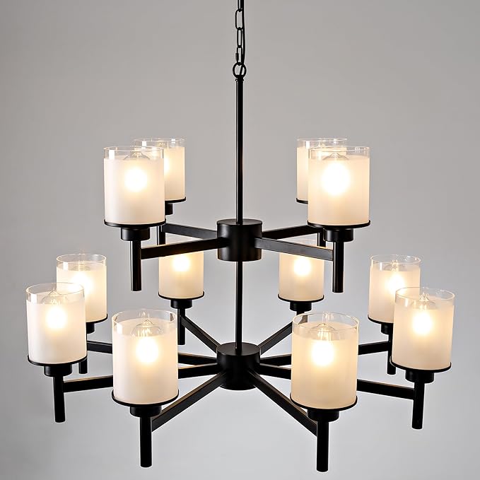 Farmhouse Wood Wagon Wheel Chandelier,6-Light Rustic Pendant Light with Glass Shades