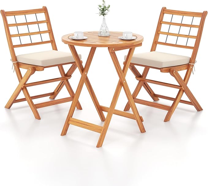 3 Piece Patio Wood Bistro Set, Folding Table Chair Set w/Soft Seat Cushions