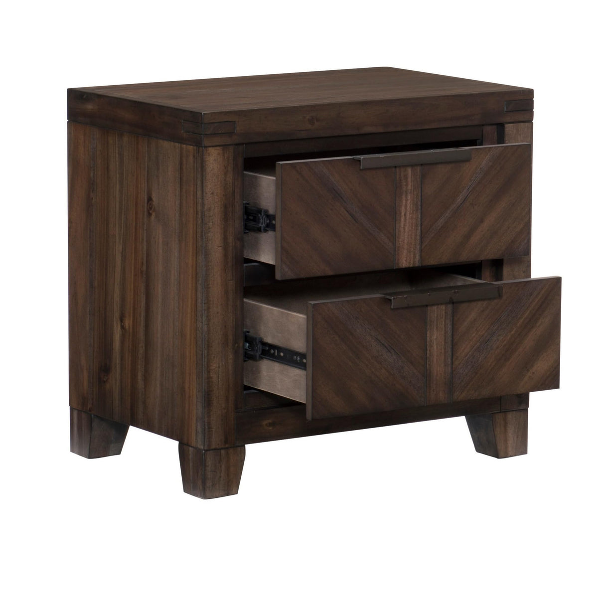 2 Drawer Wooden Nightstand with Antique Handles and Chamfered Feet, Brown