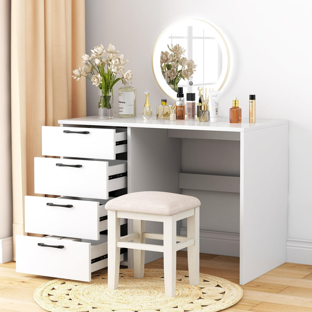 White Computer Desk, 43.5’’ Writing Desk with 4 Large Drawers, Modern Executive Desk,