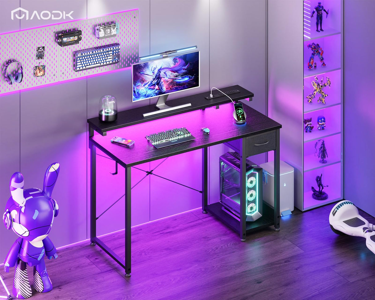 Gaming Desk with LED Lights & Power Outlet, 40 Inch Computer Desk with Drawer