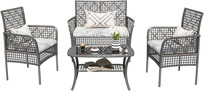 4 Pieces Outdoor Patio Furniture Set,PE Rattan Wicker Garden Conversation Chairs