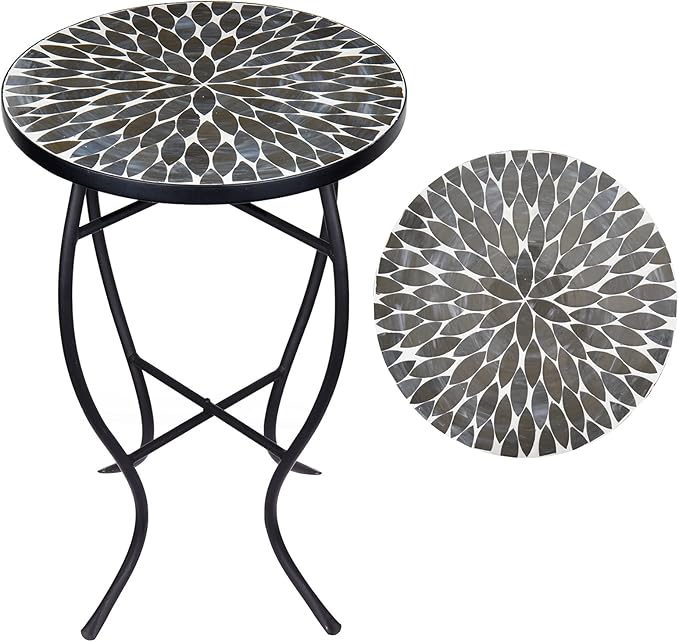 Mosaic Outdoor Side Table, 14" Round Folding Plant Stand for Patio Garden Backyard