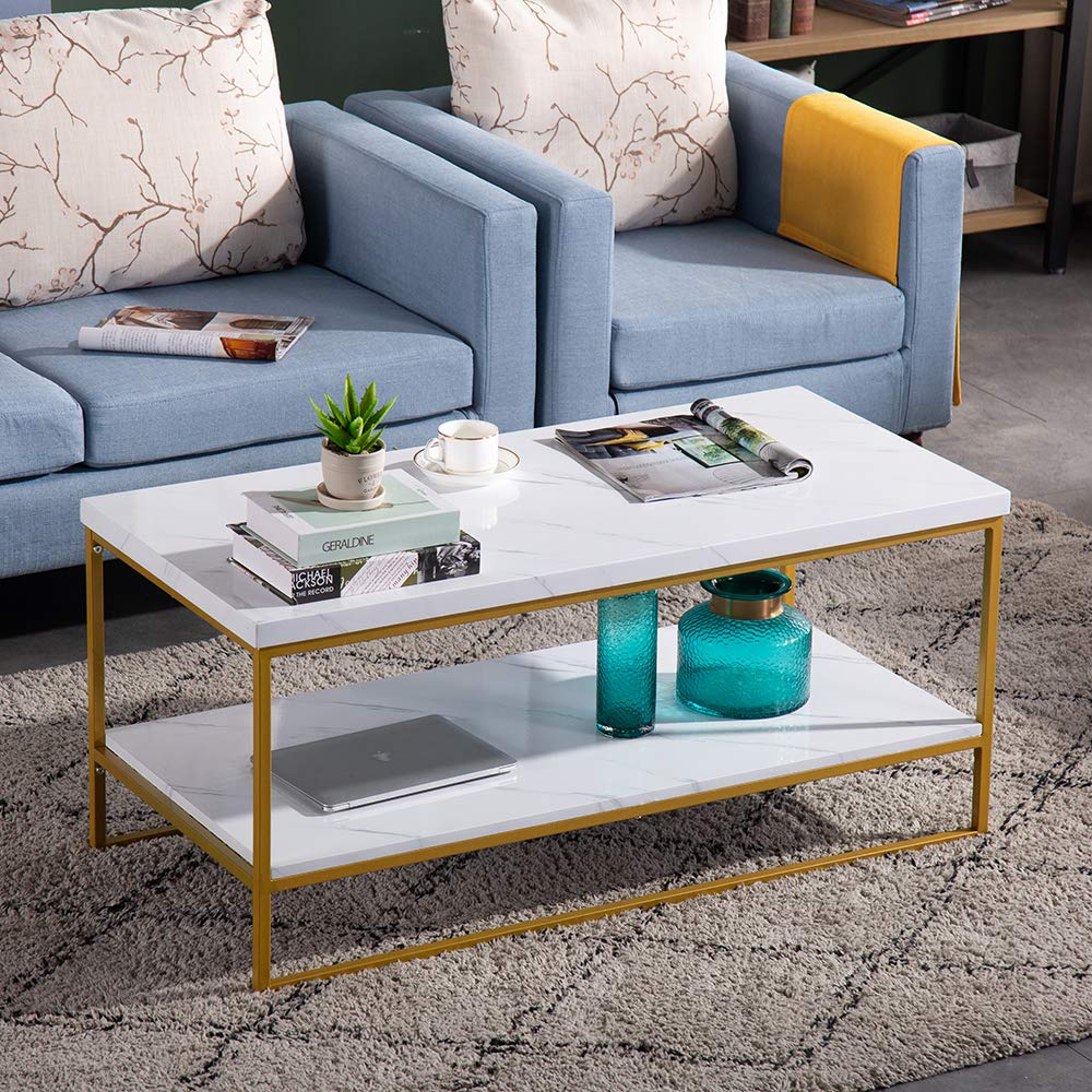 Faux Marble Gold Coffee Table, 41.7" Marble Coffee Table