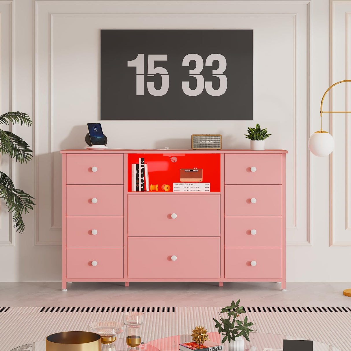 Dresser with Charging Station and LED Lights, Pink Dresser for Girls Bedroom