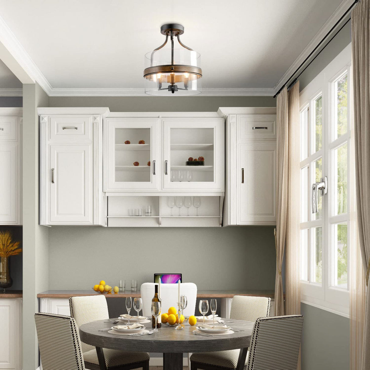 Faux Wood Ring Ceiling Light - Modern Semi Flush Mount Farmhouse Chandelier