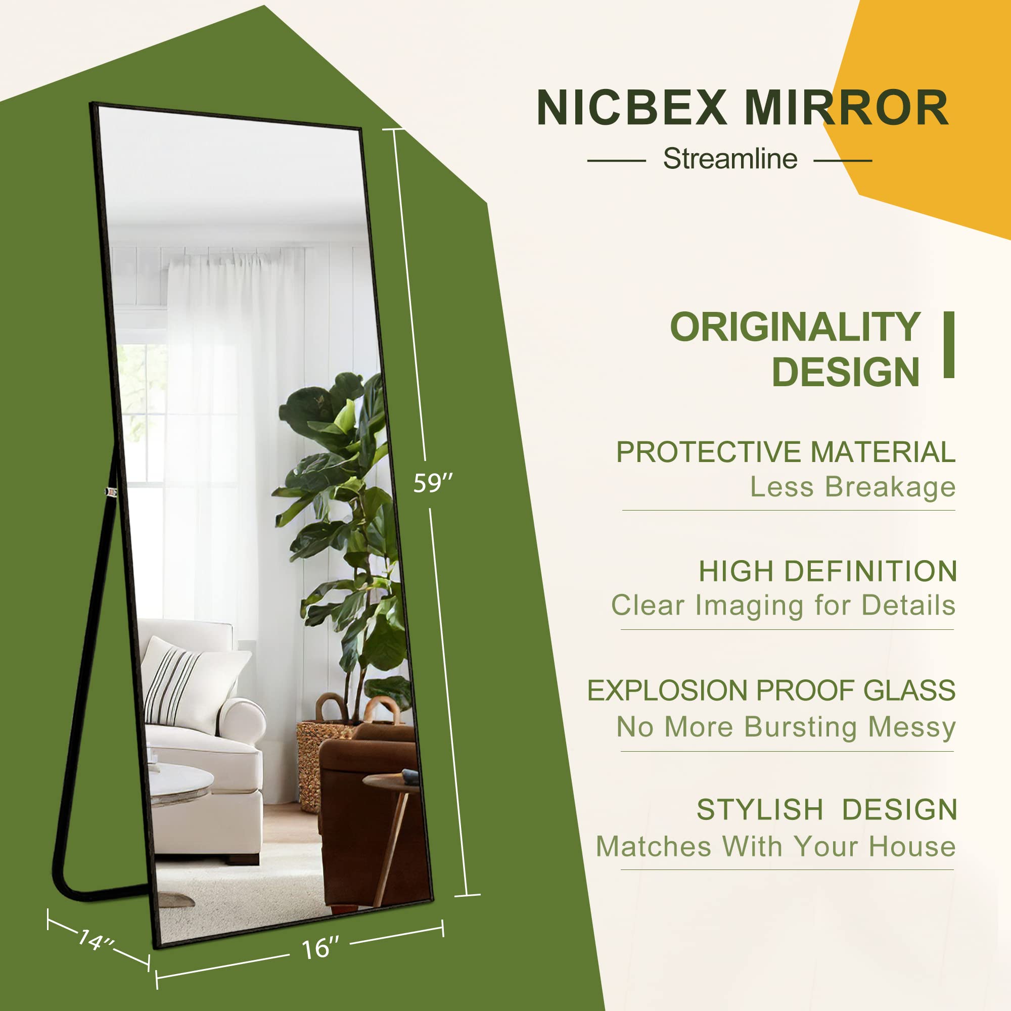 Full Length Mirror, 59x16 Inch Aluminum Alloy Frame Large Wall Mirror, Vanity Mirror