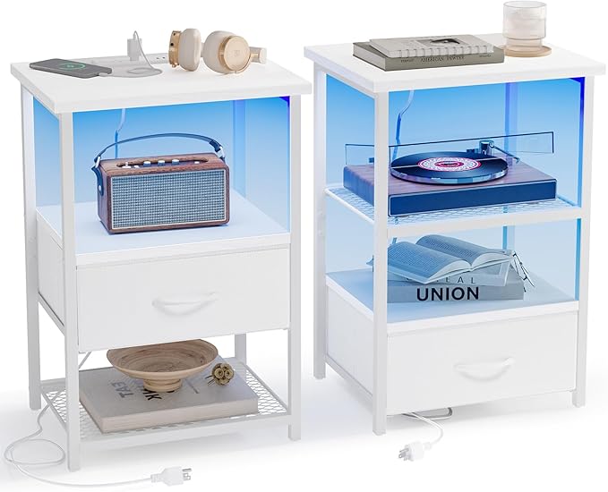 Night Stand Set of 2 with Charging Station, LED Nightstand
