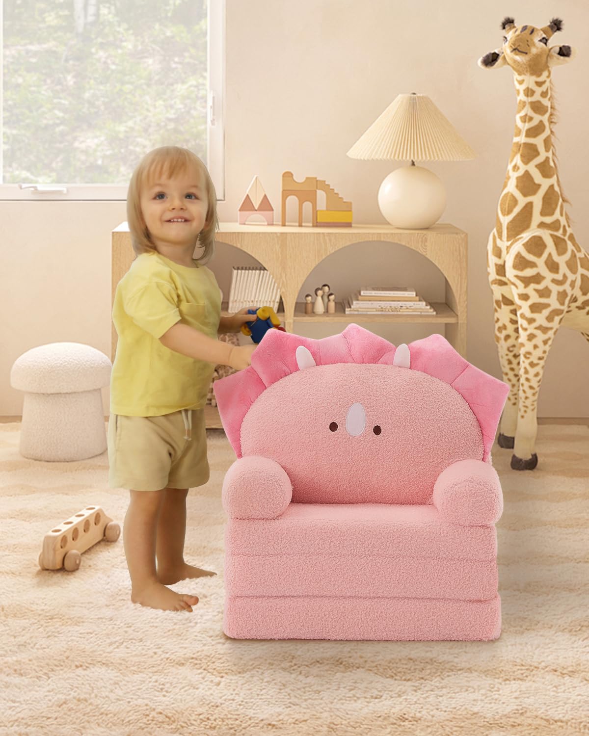 Comfy Toddler Chair, Kids Couch Fold Out to Lounger, Foldable Baby Sofa Plush for Girl and Boy Age 18 Months and Up (Pink Triceratops)