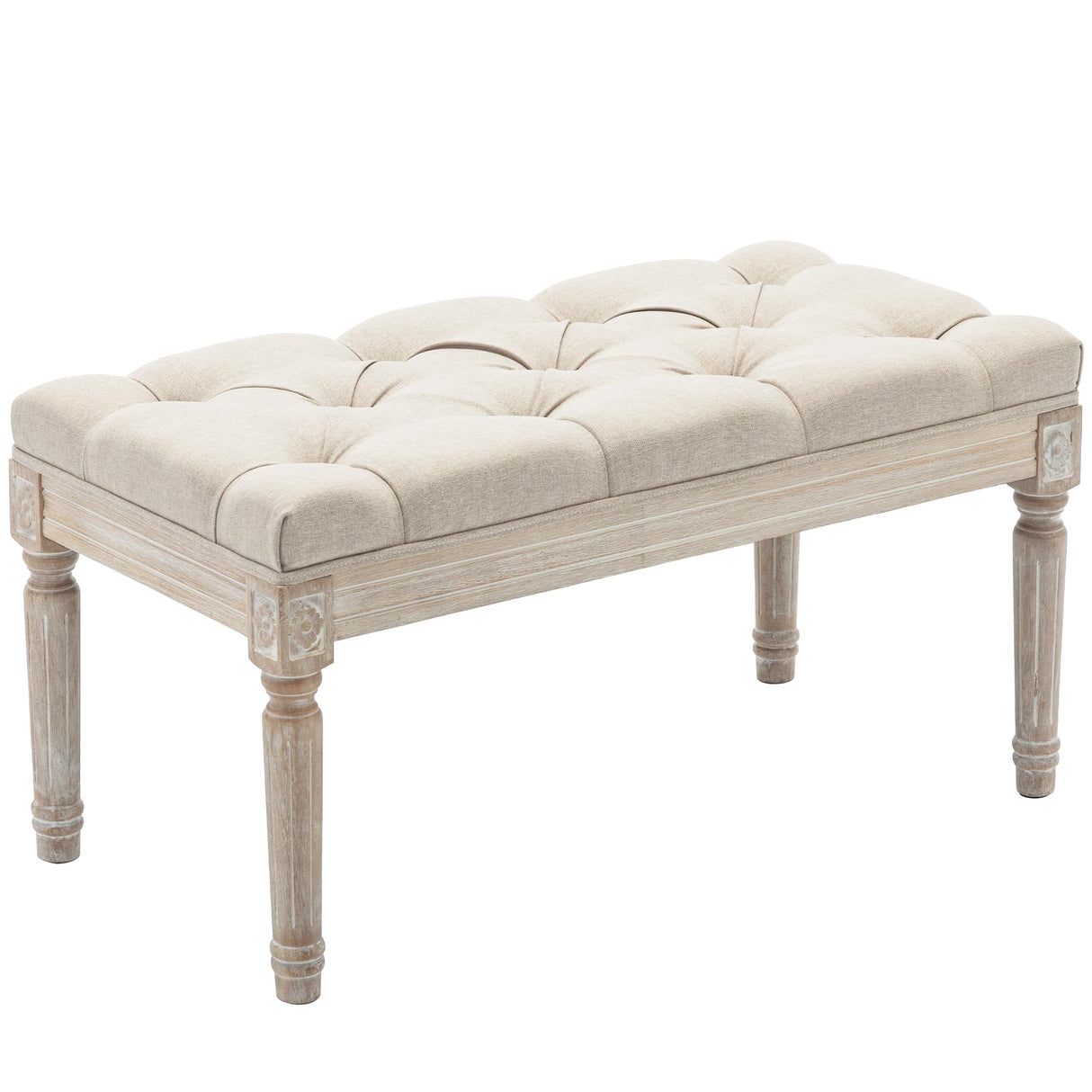 Upholstered Fabric Entryway Bench, Tufted Piano Bench for 2 People, Rubber Wood