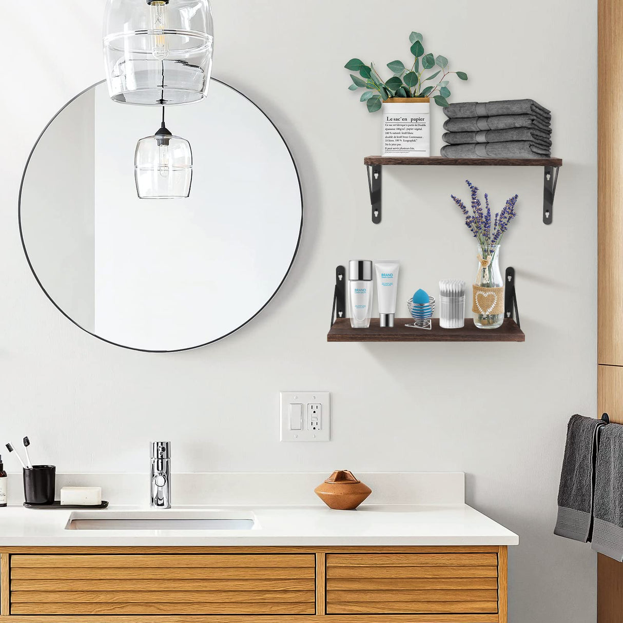 Floating Shelves, Solid Wood Wall Mounted Shelf for Bathroom