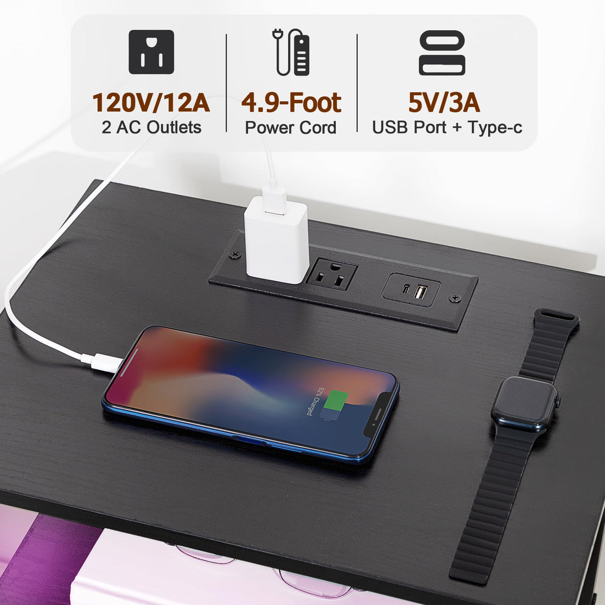 Night Stand Set 2, LED Nightstand with Charging Station