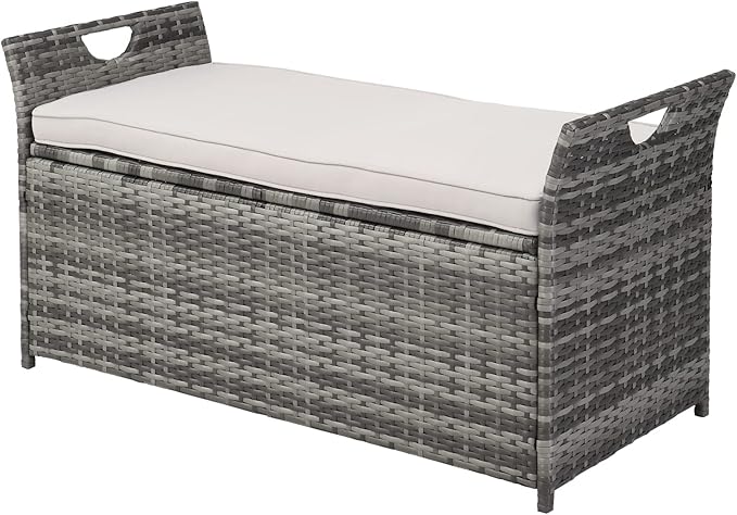40 Gallon Wicker Storage Bench, Patio Cushion Storage Box Designed with Side Handles