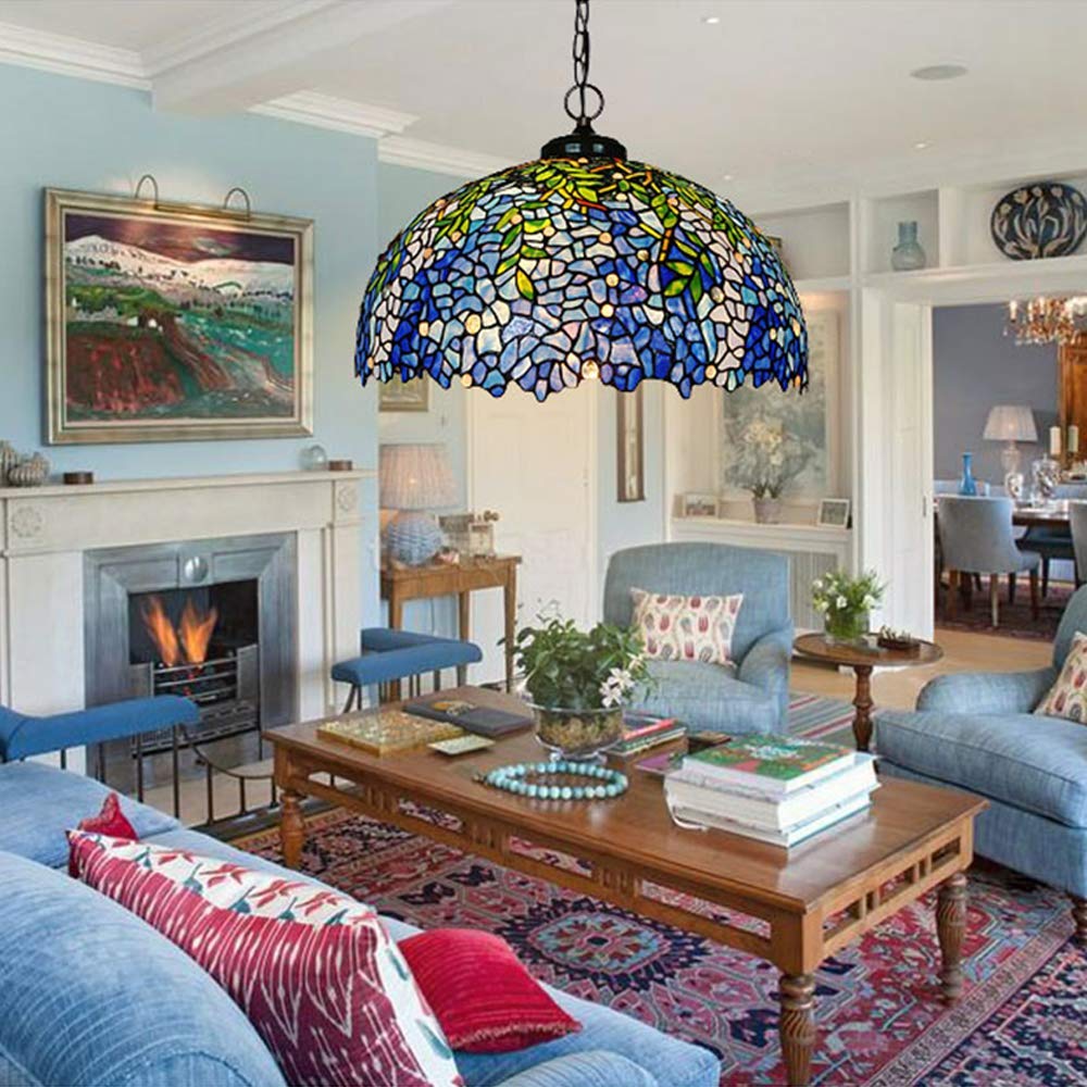 HT Tiffany Style Hanging Pendant Lamp 20 Inch Wide Wisteria Stained Glass Lampshade 3-Light Traditional Handmade Chandelier Ceiling Decor for Kitchen Restaurant Corridor Bedroom Living Room Bar