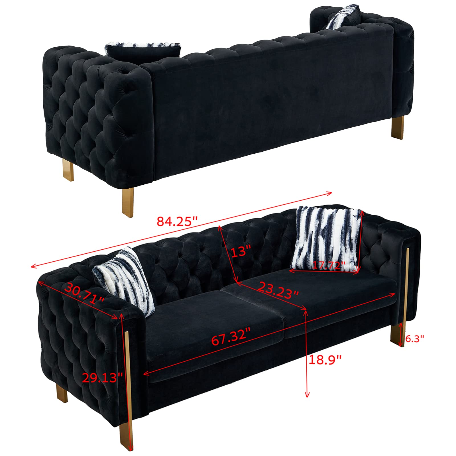 Modern Velvet Sofa – 84” Tufted Couch with Pillows & Metal Legs