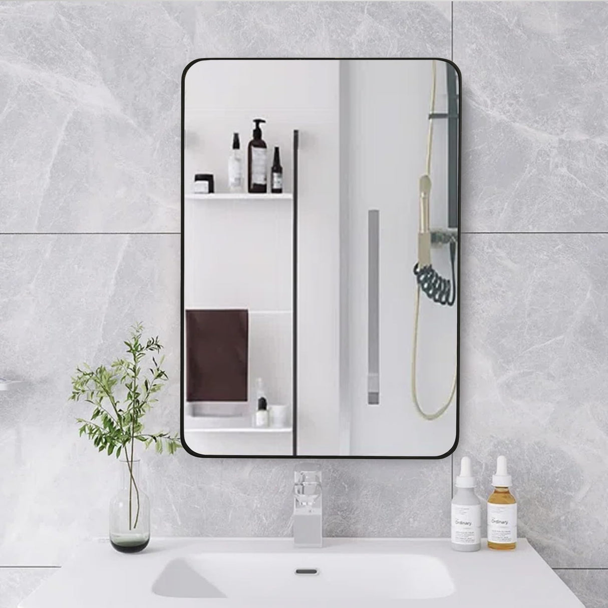 Black Framed Mirror for Bathroom, Rounded Rectangle Mirrors