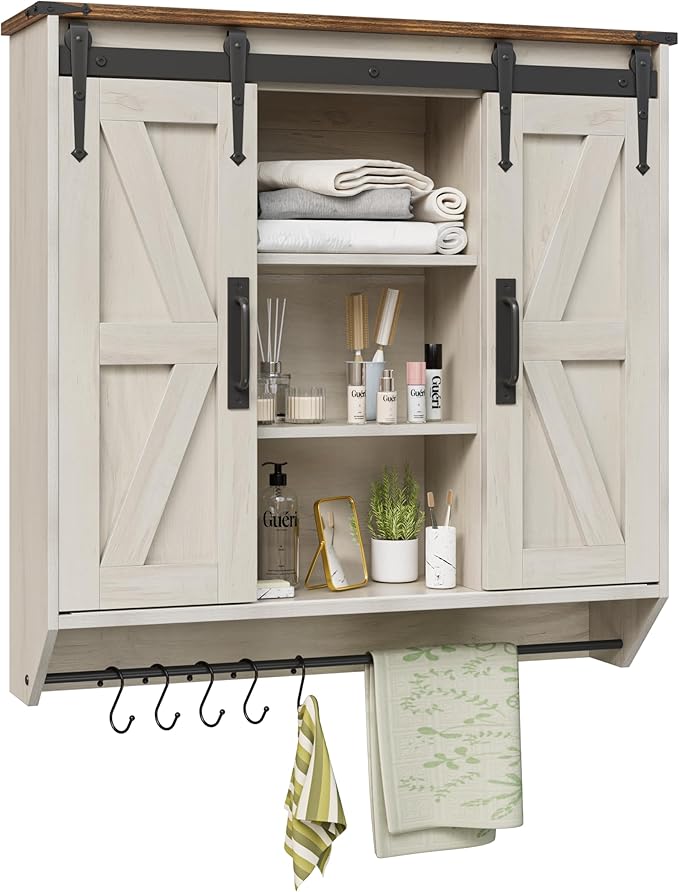 Farmhouse Medicine Cabinet 2 Sliding Barn Doors 3 Tier Rustic Wood Wall Storage