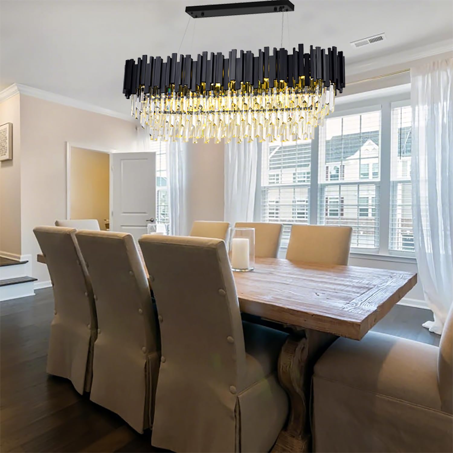 40 in Modern Linear 11 Light 3-Tier Transparent Crystal Design, Farmhouse Ceiling Fixture