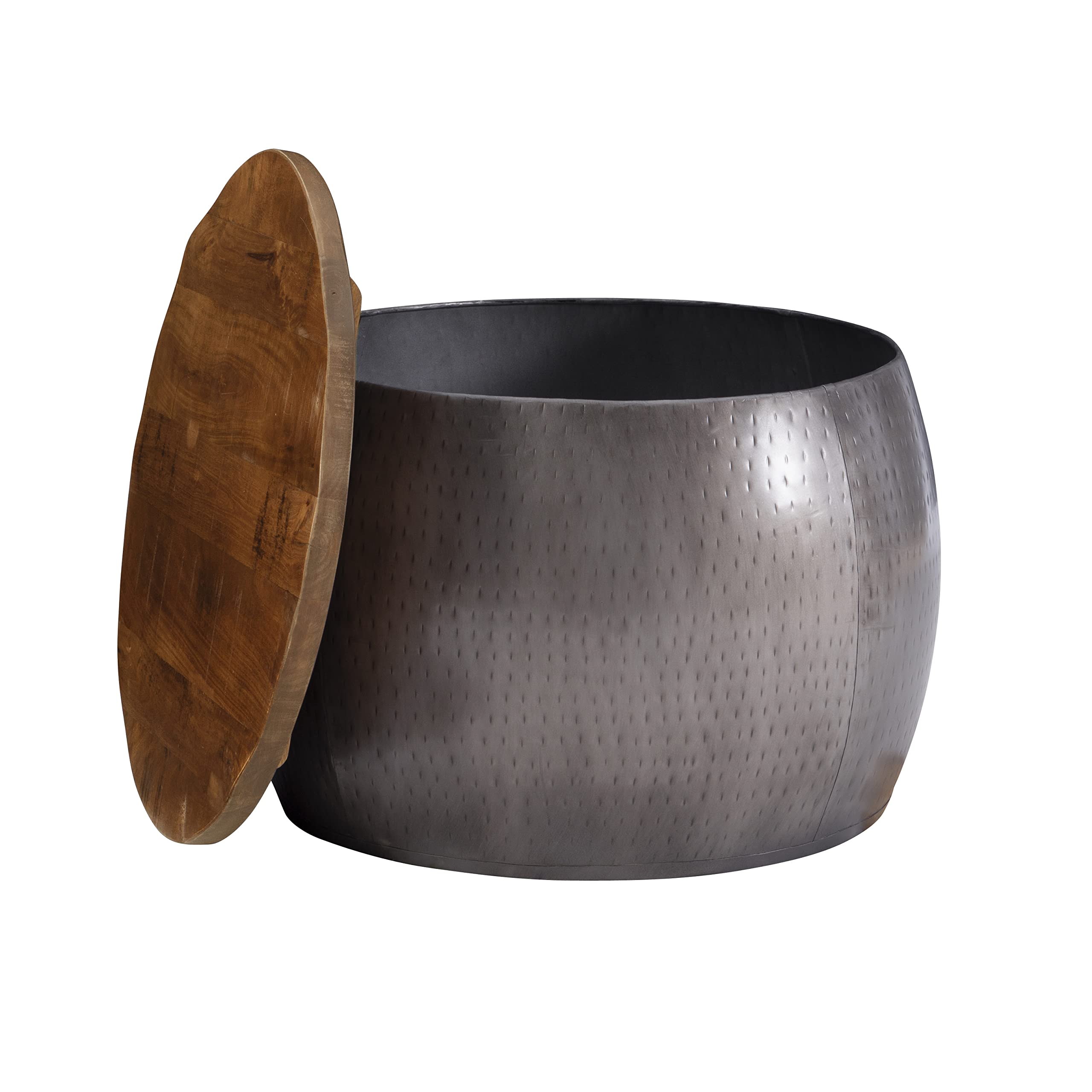 Hammered Silver Drum with Natural Wood Lift Top for Storage Janice Table