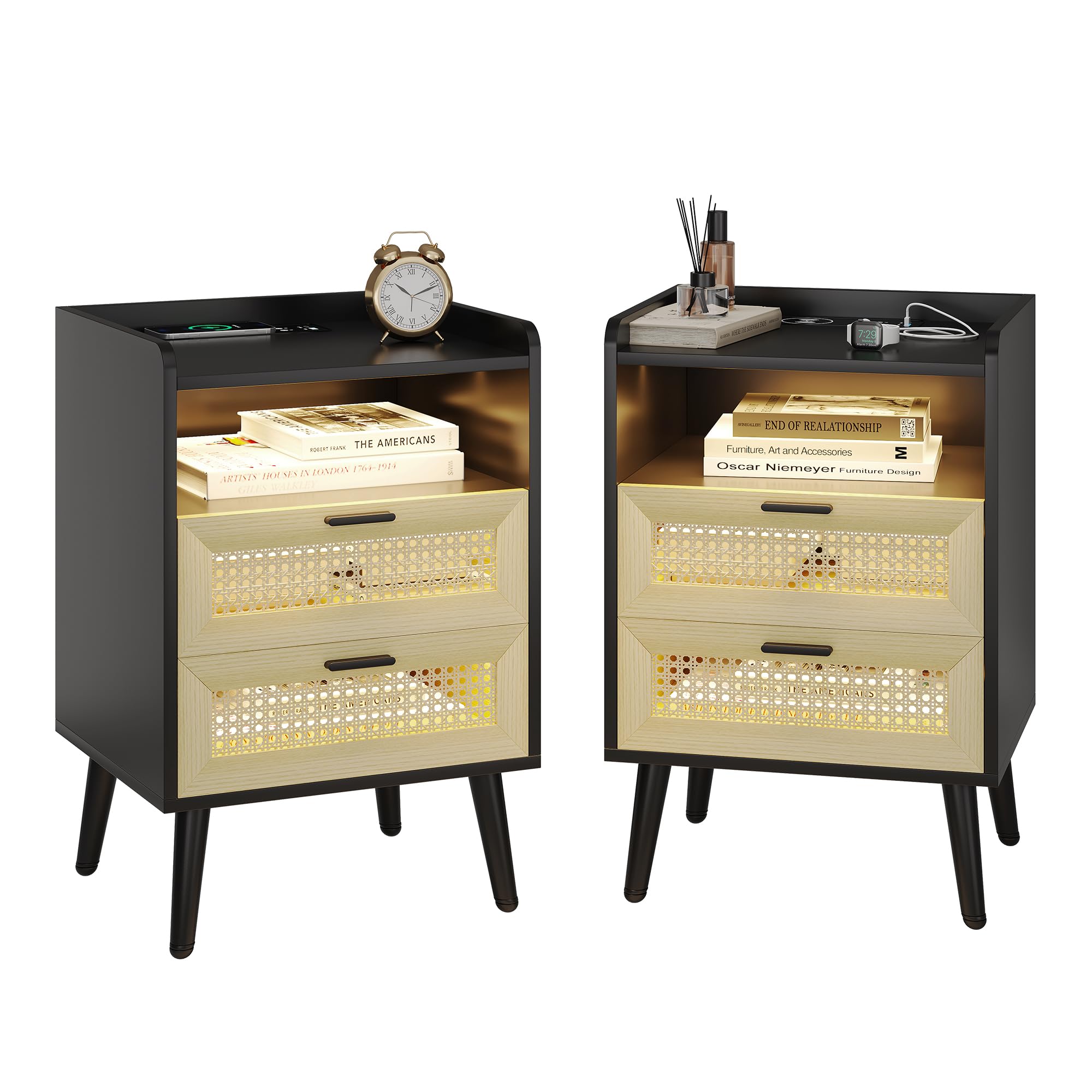 Rattan Nightstand Set of 2 with Charging Station, Boho Night Stand with PE Rattan Decor