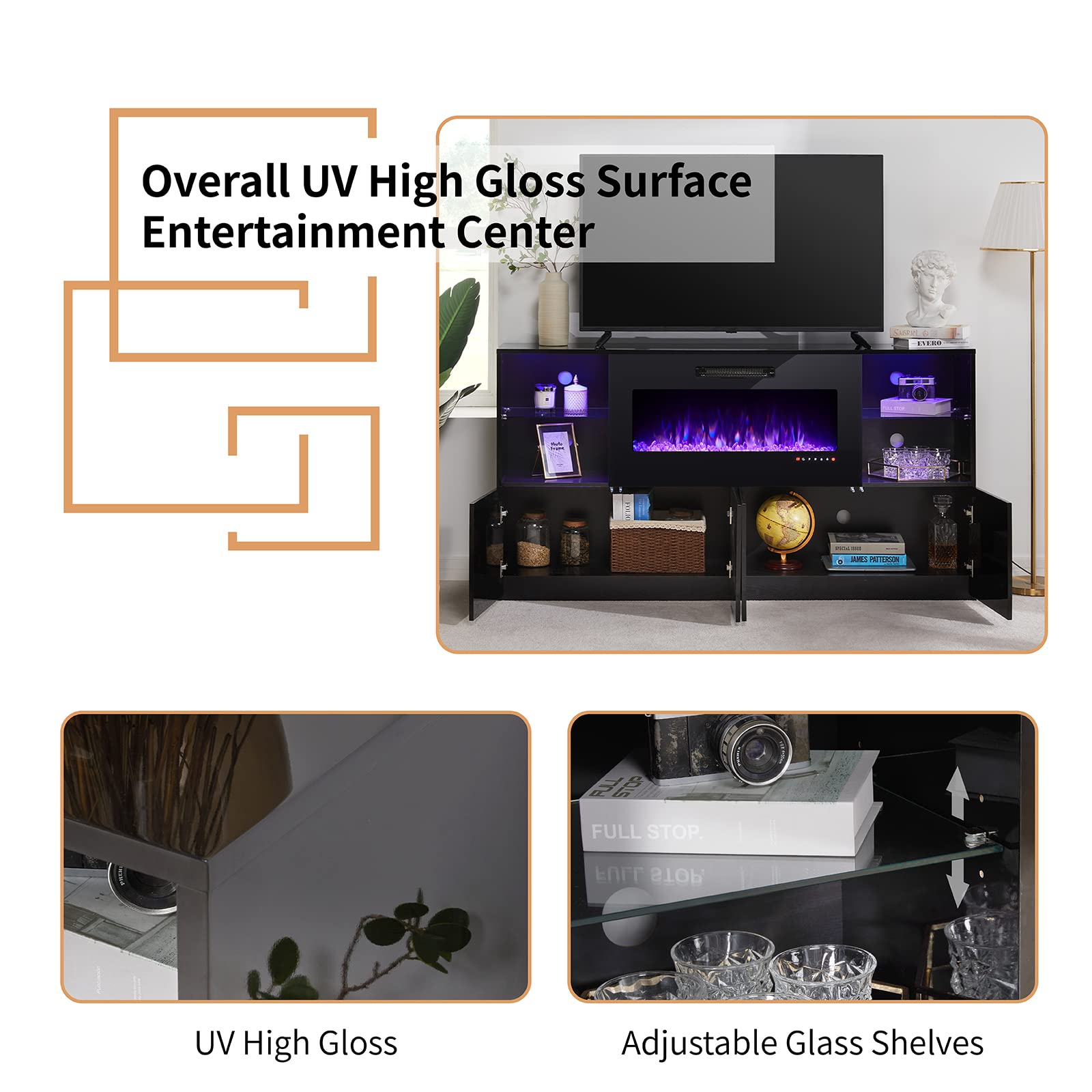 3 Piece Modern High Gloss Fireplace TV Stand + Bookcase Set