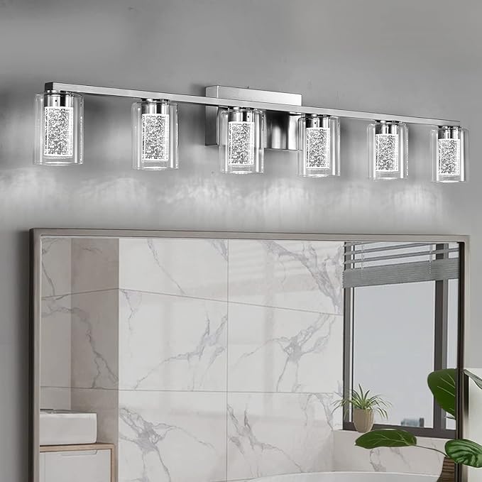 Brushed Nickel Vanity Lights, 3-Light Bathroom Light Fixtures, Crystal LED Bathroom