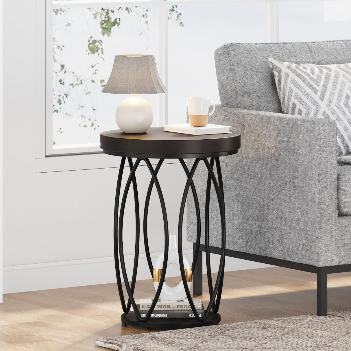 Round Side Table, Small End Table with Storage Shelf