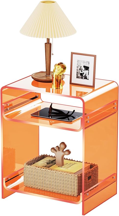 End Table Record Player Table with Storage Shelf Clear Side Table Nightstand, Orange