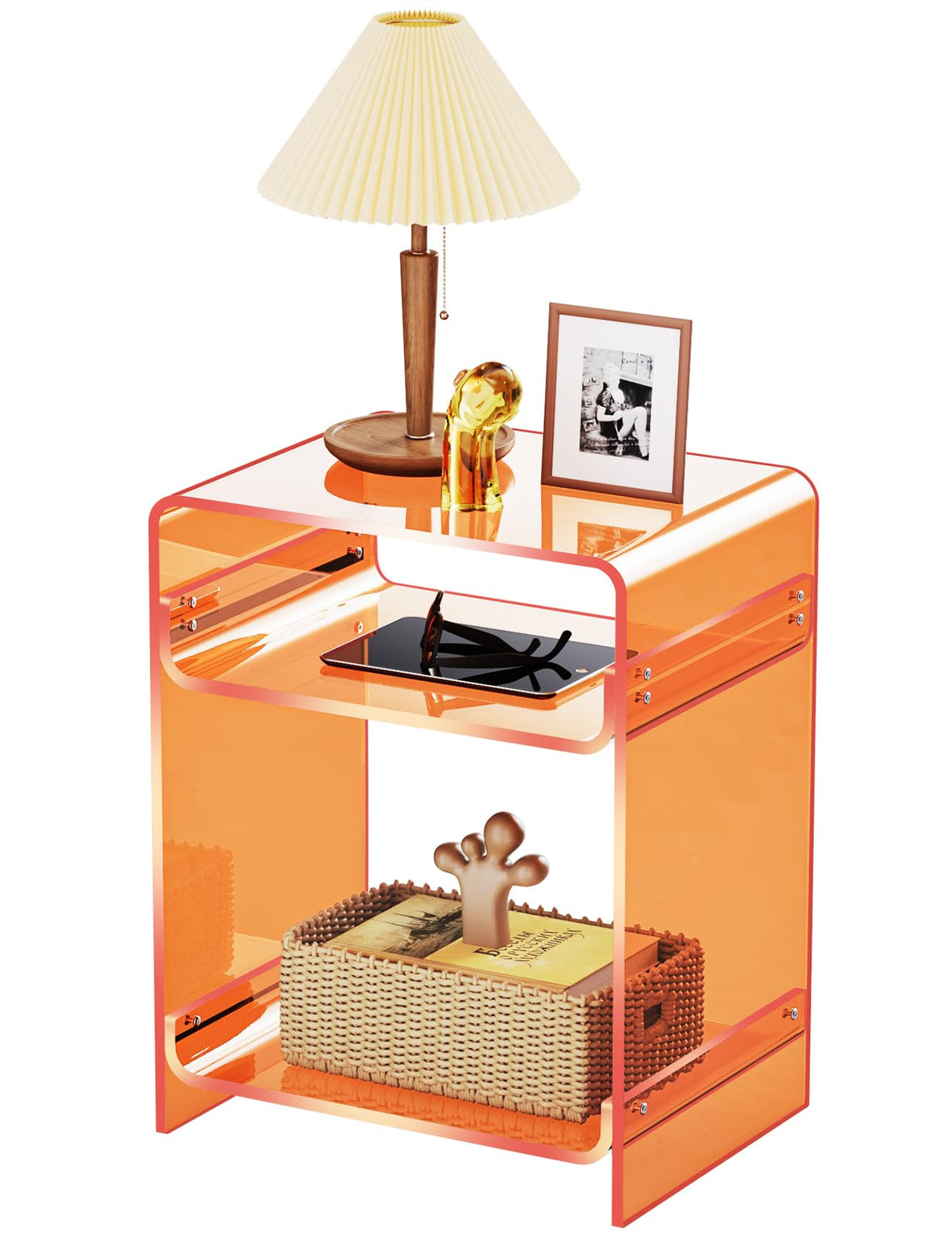 End Table Record Player Table with Storage Shelf Clear Side Table Nightstand, Orange