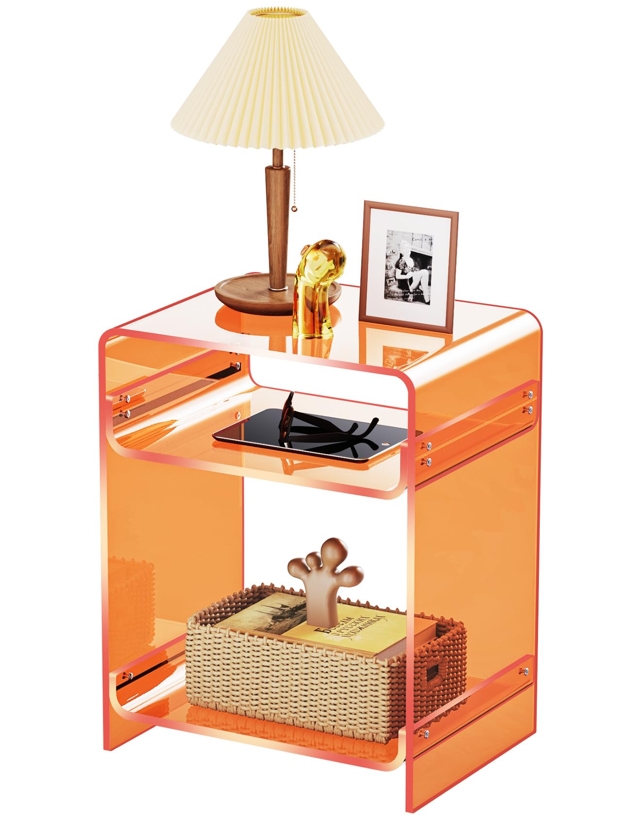 End Table Record Player Table with Storage Shelf Clear Side Table Nightstand, Orange