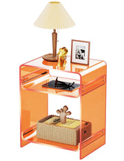 End Table Record Player Table with Storage Shelf Clear Side Table Nightstand, Orange