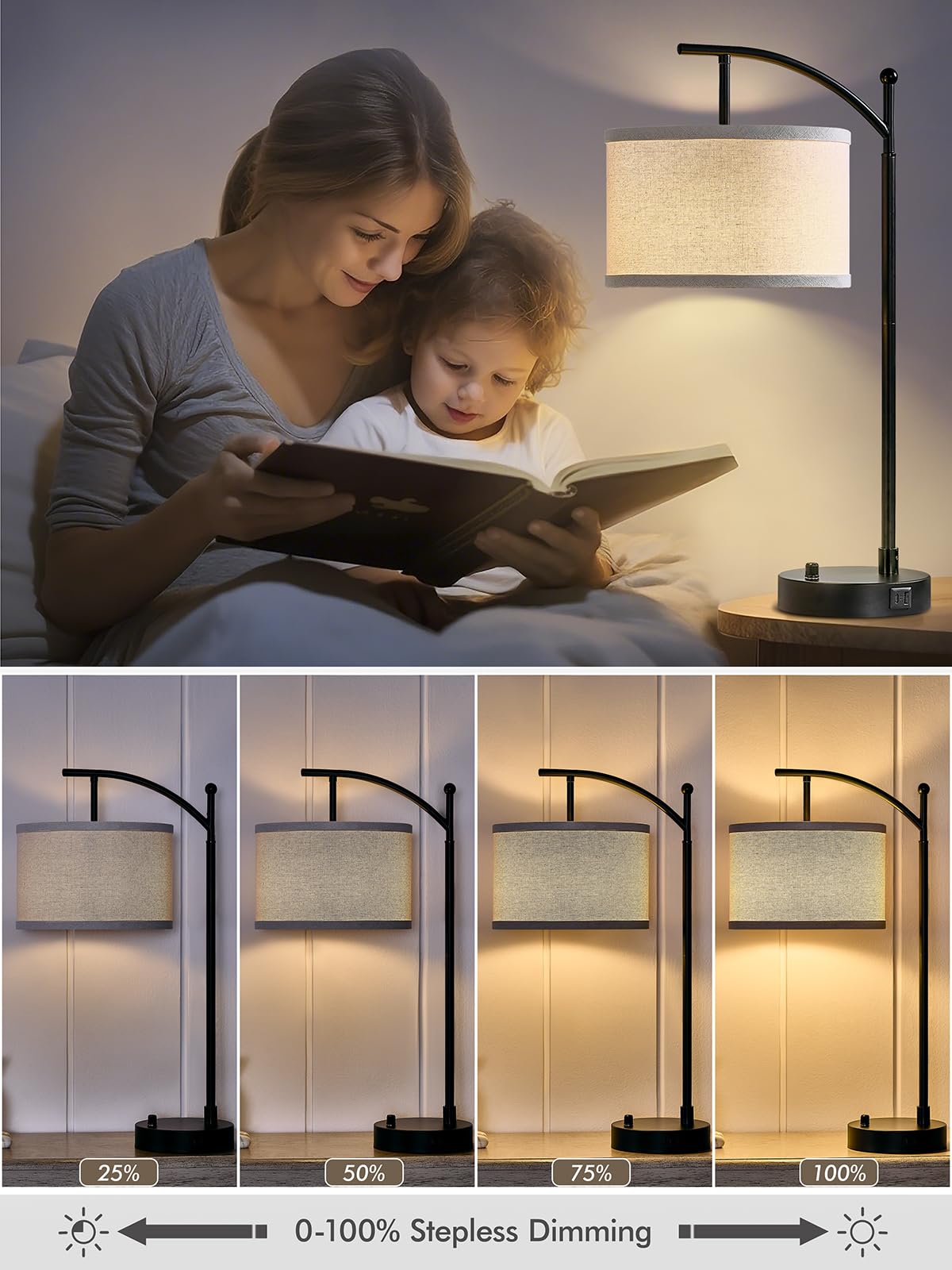 23.5" Table Lamps Set of 2 with USB C+A Ports and Dimmable LED Bulbs