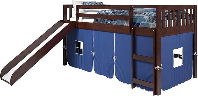 Tent Twin Cappuccino Low Loft with Slide and Blue Tent